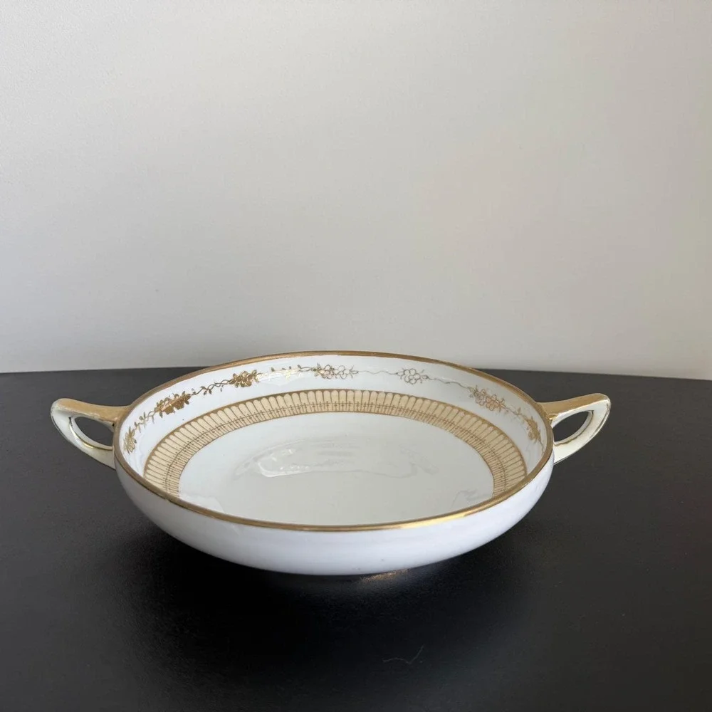 Antique Nippon Porcelain‎ Double Handled Serving Bowl Hand Painted Gold